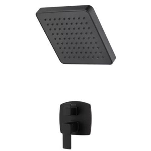 Pfister Raincan showerhead in matte black. Boise 23: Primary Bath Fixtures & Finishes